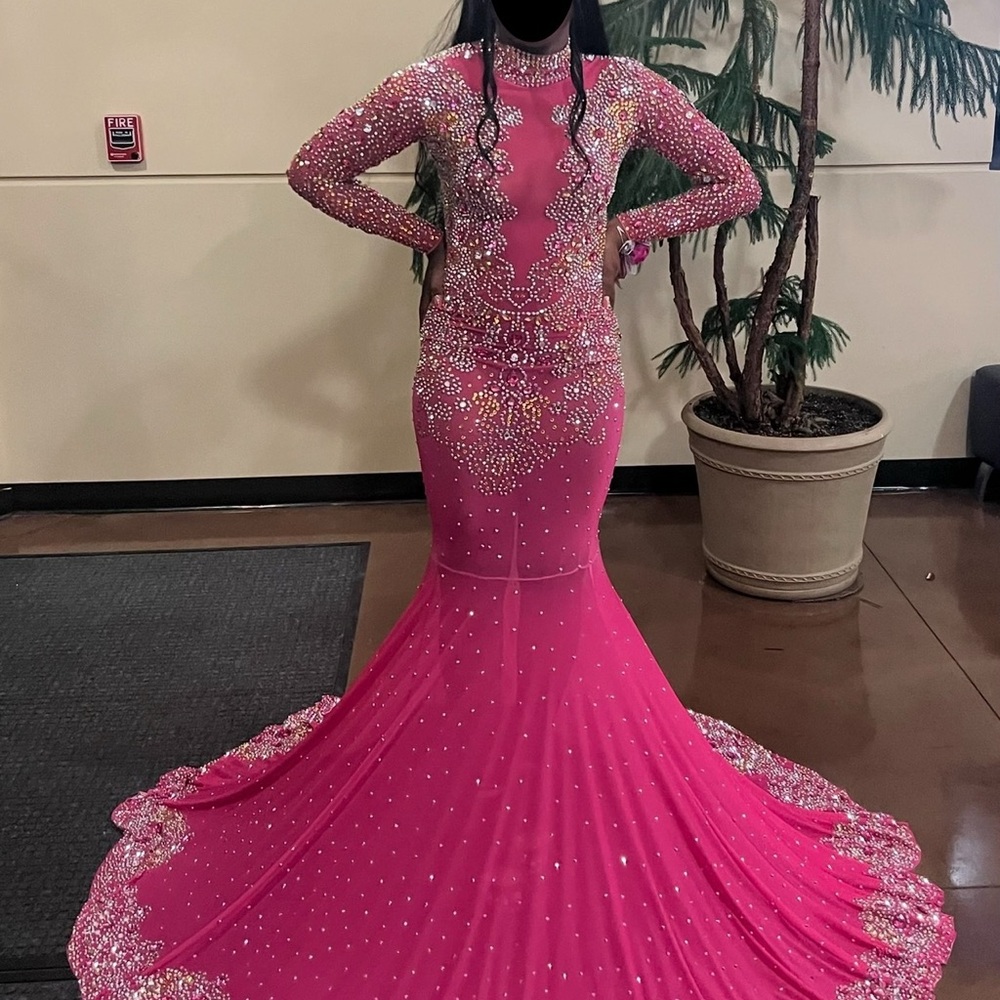 Hot Pink Rhinestone Prom Dress